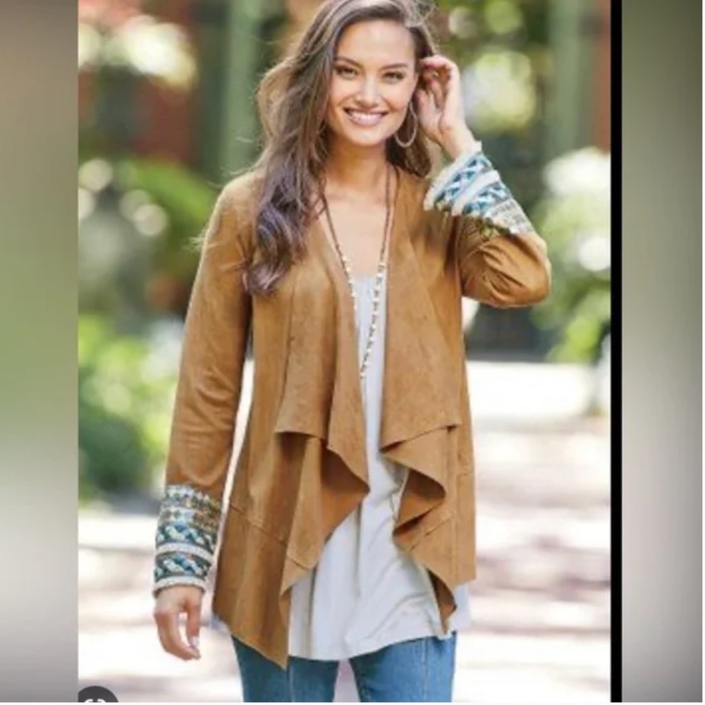 Soft Surroundings Faux Suede Embroidered Boho Jacket Women M Festival Western
